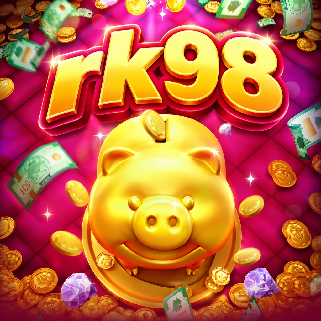 rk98 permainan Lucky Piggy menampilkan celengan babi emas di antara koin dan uang kertas